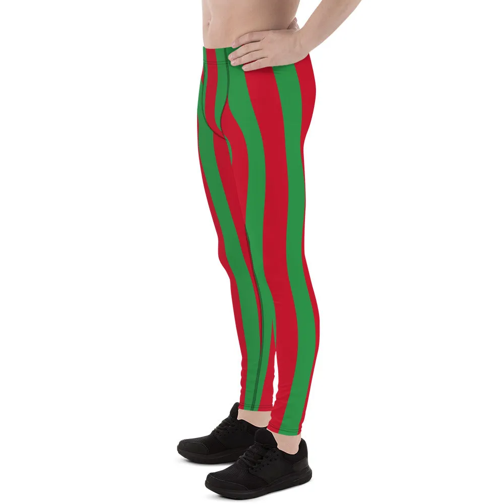 Red Green Stripes Men's Leggings, Vertically Striped Classic Designer Meggings - Made in USA/EU/MX