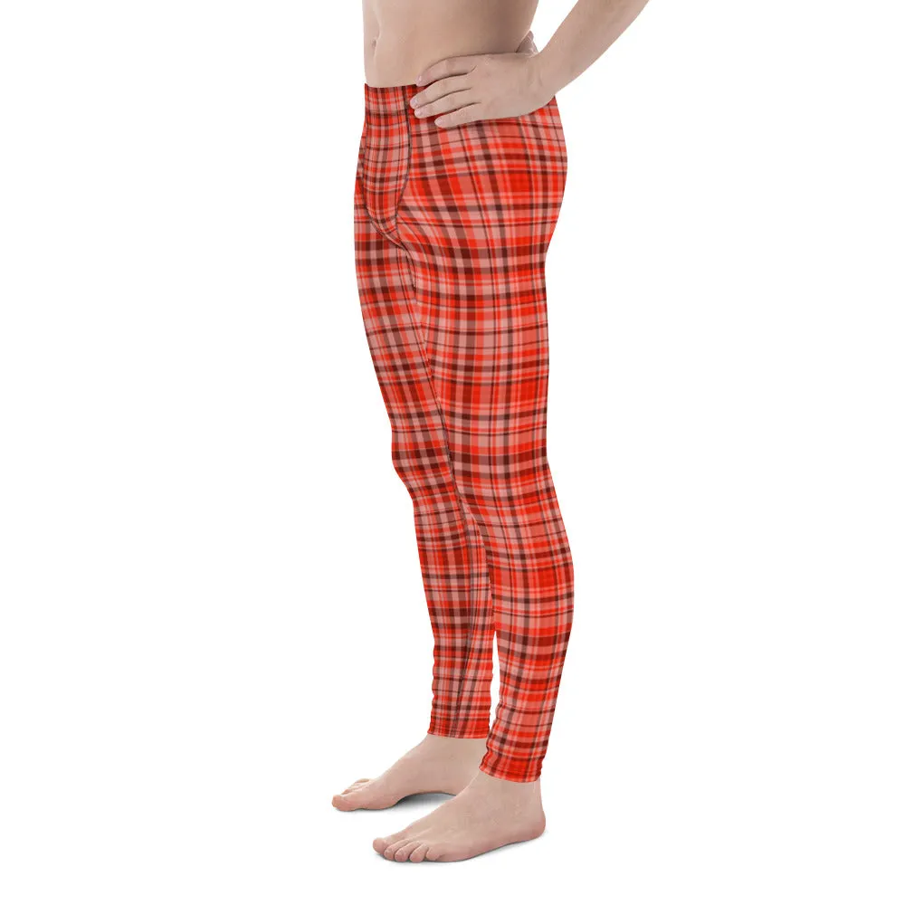 Red Plaid Print Men's Tights, Tartan Print Elastic Fitted Stretchy High Waist Men's Leggings-Made in USA/EU