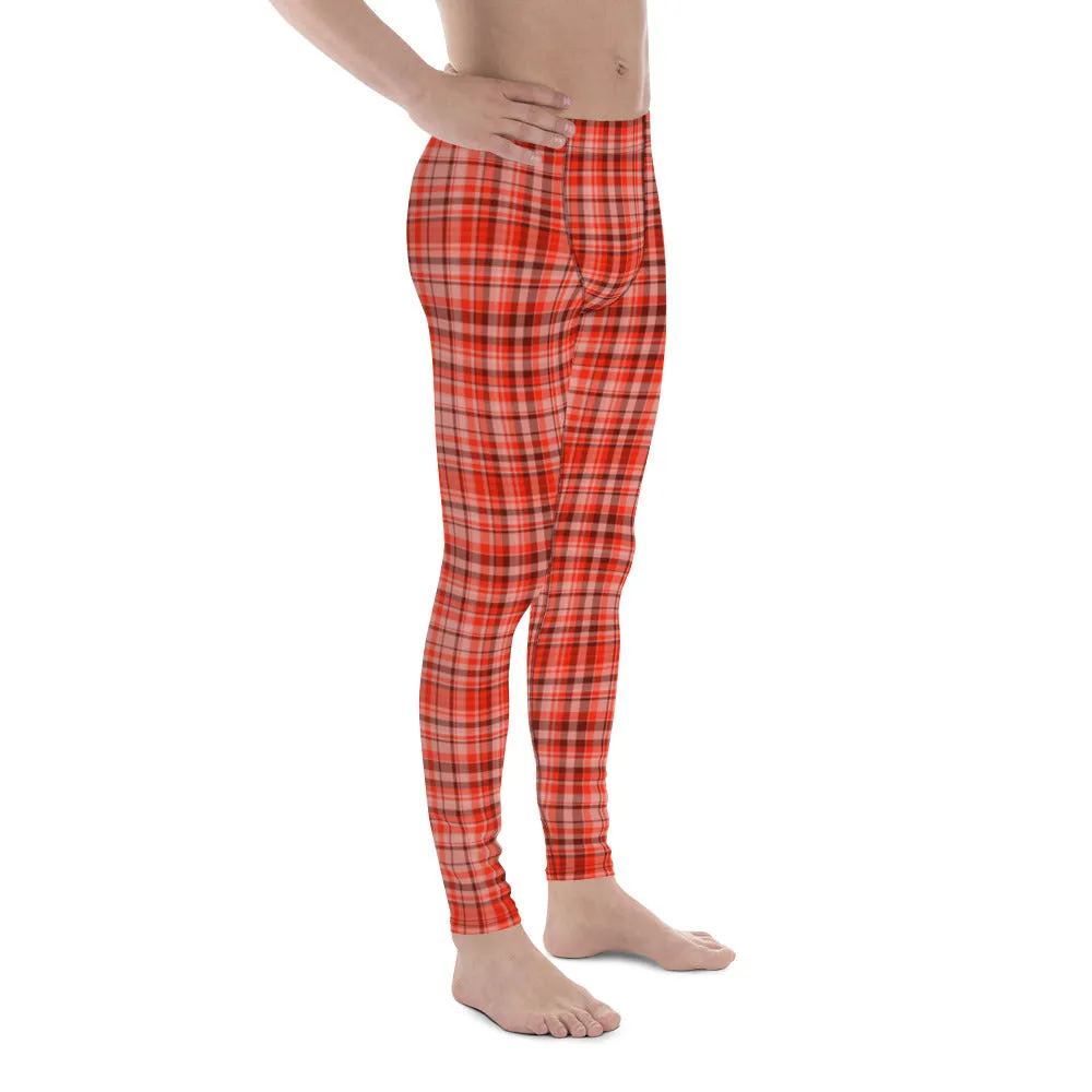 Red Plaid Print Men's Tights, Tartan Print Elastic Fitted Stretchy High Waist Men's Leggings-Made in USA/EU