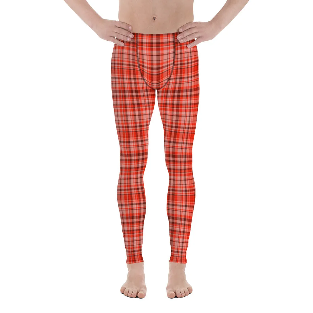 Red Plaid Print Men's Tights, Tartan Print Elastic Fitted Stretchy High Waist Men's Leggings-Made in USA/EU