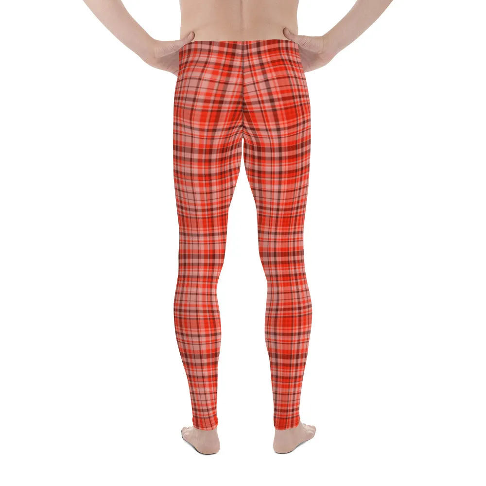 Red Plaid Print Men's Tights, Tartan Print Elastic Fitted Stretchy High Waist Men's Leggings-Made in USA/EU