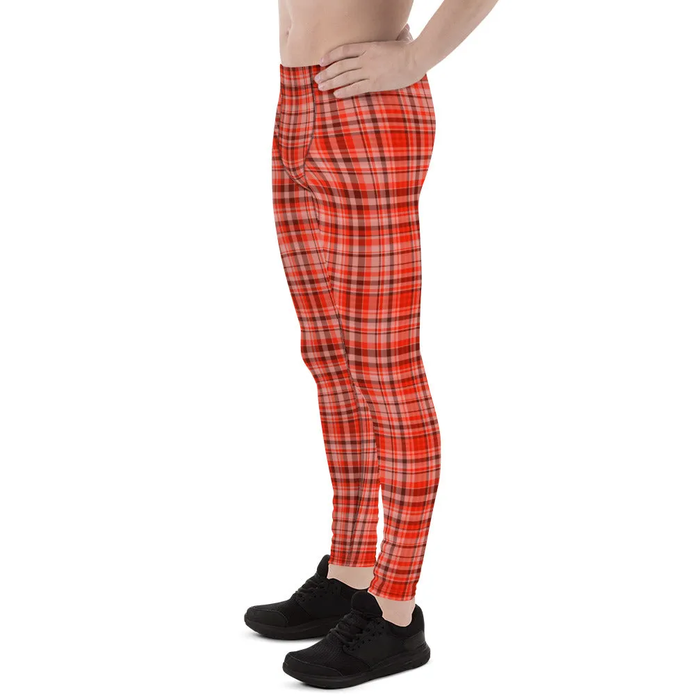 Red Plaid Print Men's Tights, Tartan Print Elastic Fitted Stretchy High Waist Men's Leggings-Made in USA/EU