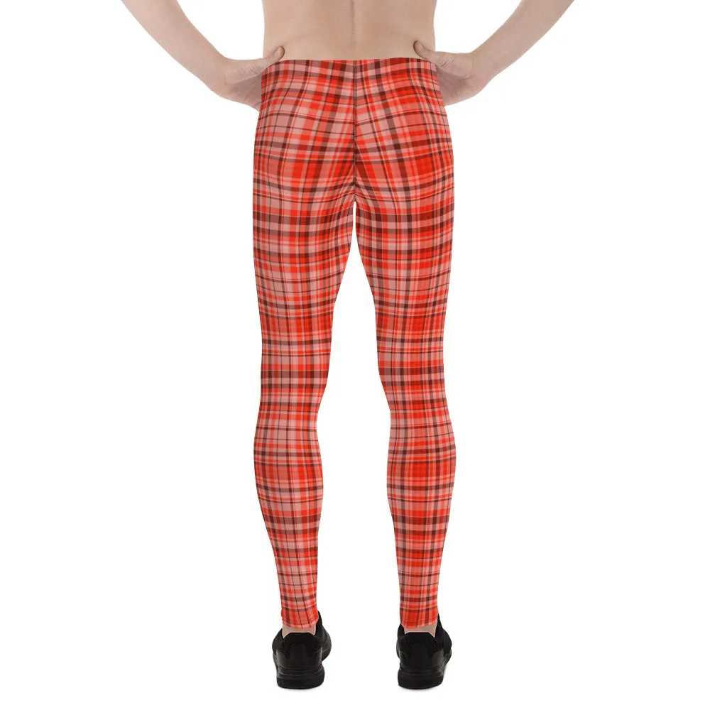 Red Plaid Print Men's Tights, Tartan Print Elastic Fitted Stretchy High Waist Men's Leggings-Made in USA/EU