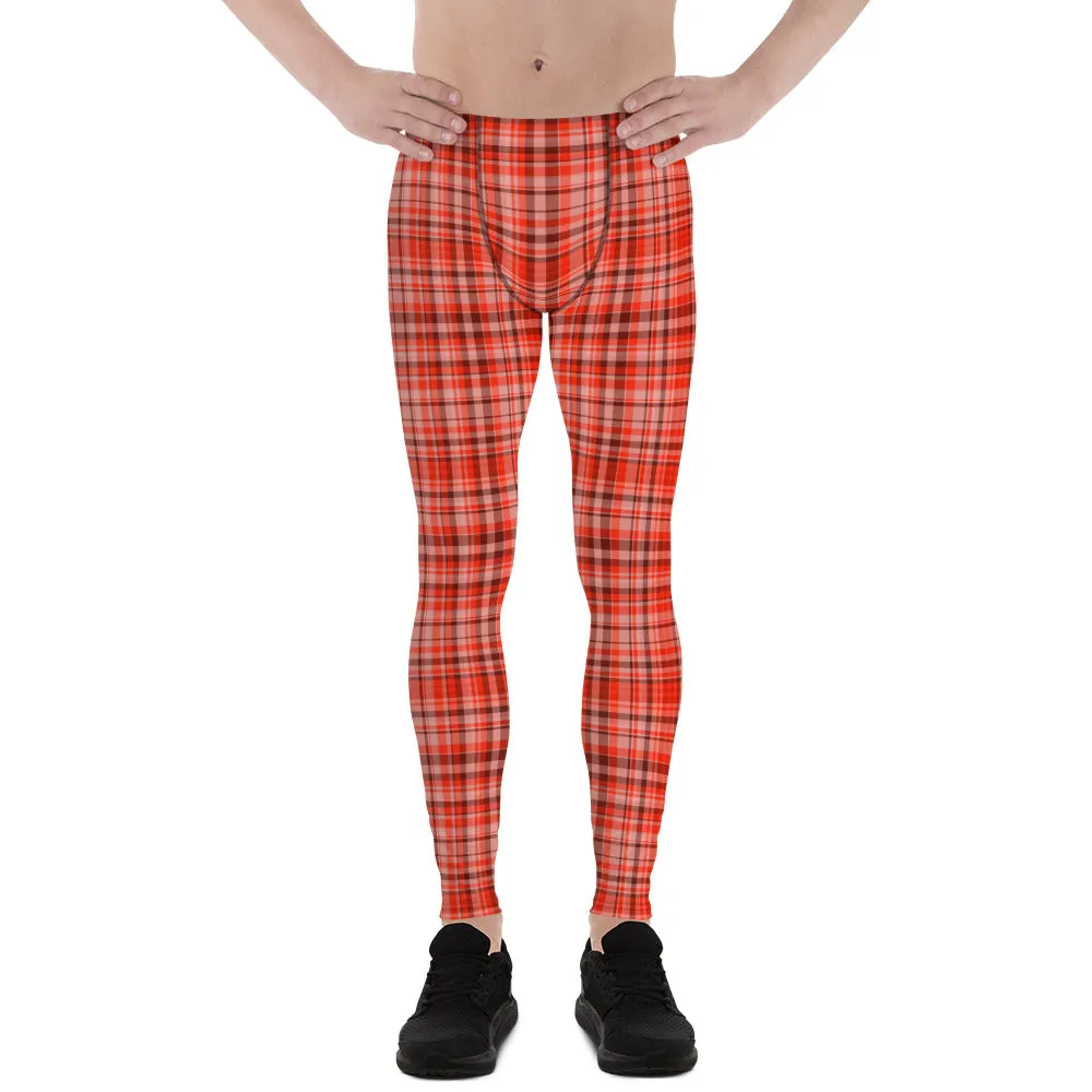 Red Plaid Print Men's Tights, Tartan Print Elastic Fitted Stretchy High Waist Men's Leggings-Made in USA/EU