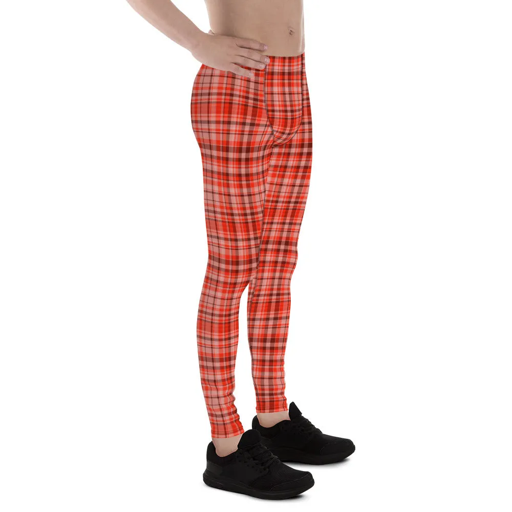 Red Plaid Print Men's Tights, Tartan Print Elastic Fitted Stretchy High Waist Men's Leggings-Made in USA/EU