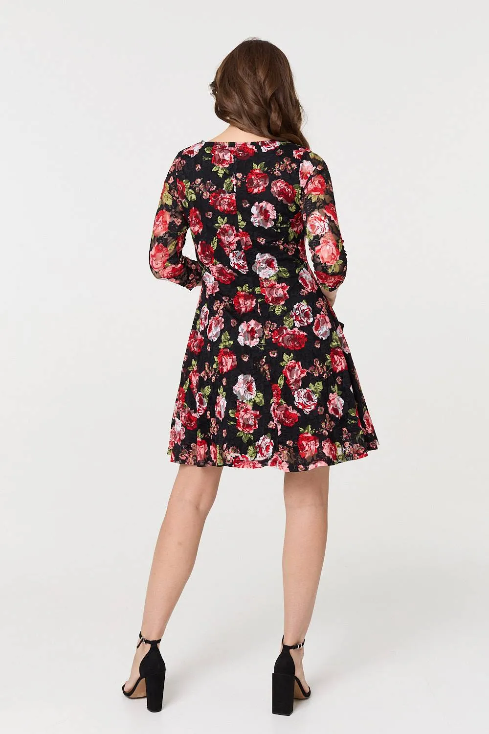 Rose Print 3/4 Sleeve Short Skater Dress