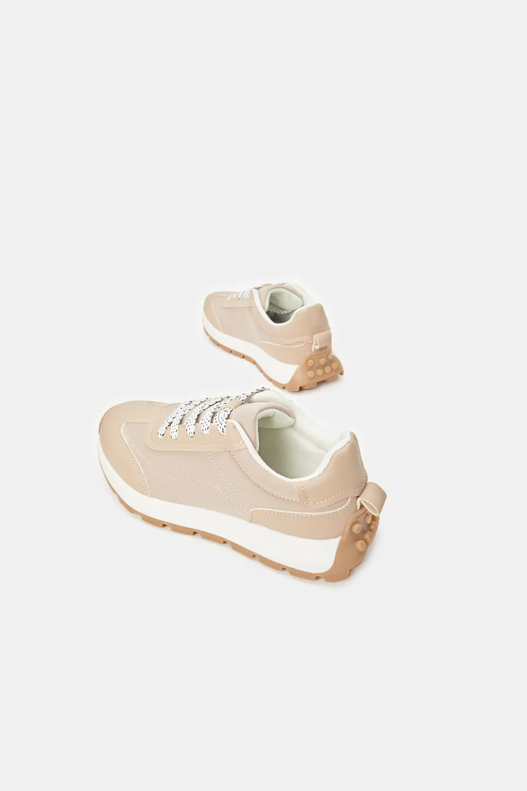 Senior Girls Beige Lace-Up Sneakers