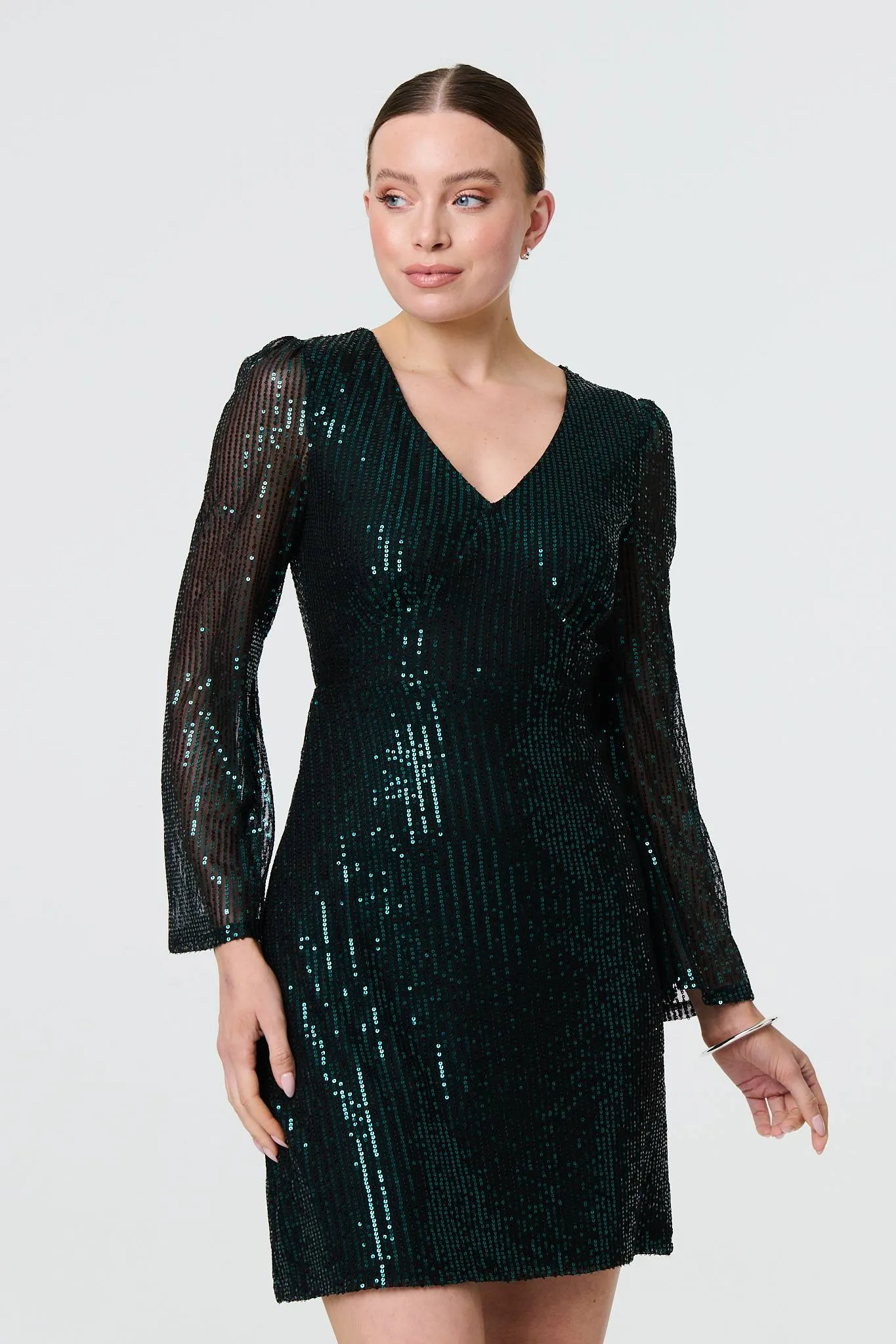 Sequin Semi Sheer Long Sleeve Mini Dress