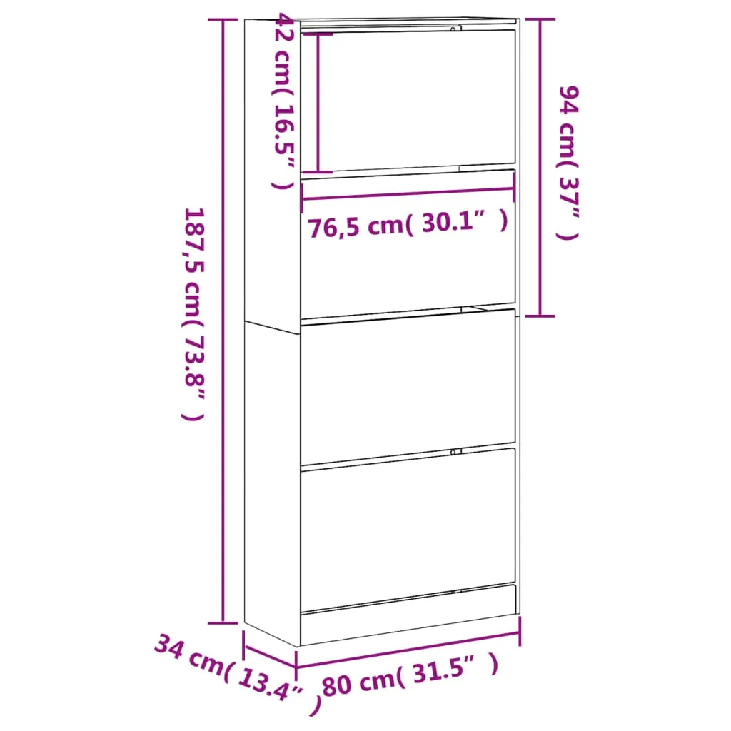 Shoe Cabinet with 4 Flip-Drawers Concrete Grey 80x34x187.5 cm