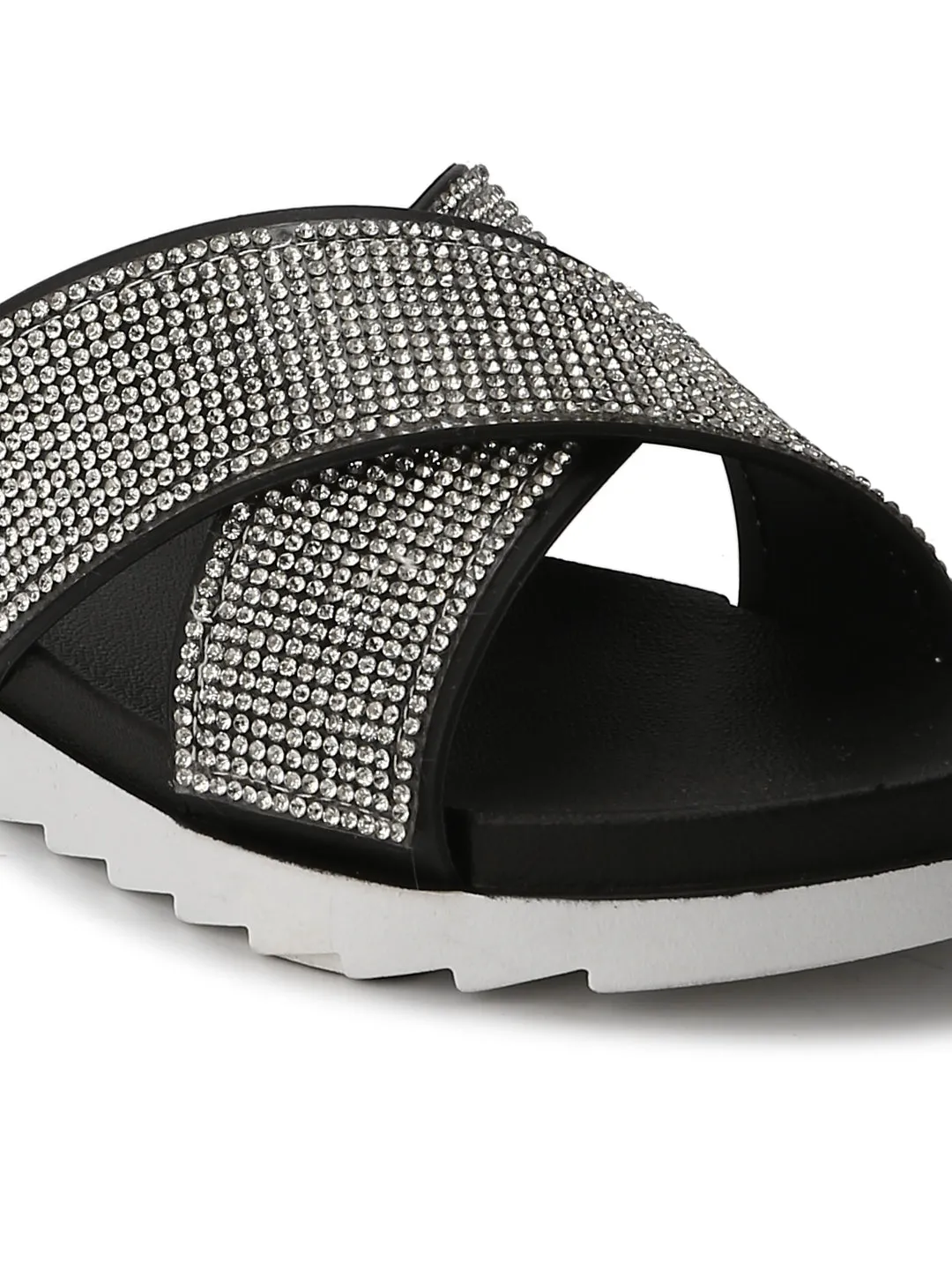 Silver Black Diamante Crossover Slip-On Flats