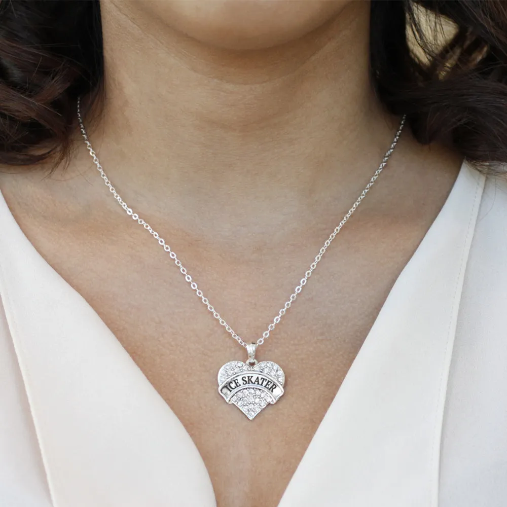 Silver Ice Skater Pave Heart Charm Classic Necklace