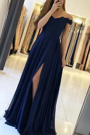 Simple Navy Chiffon A Line Off the Shoulder Prom Dresses With Side Split