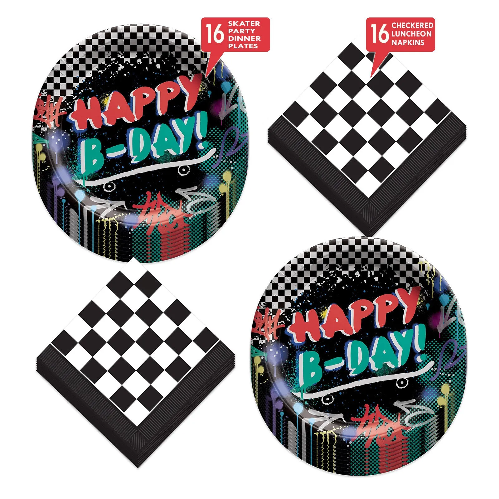 Skater Party Black and White Checkered Graffiti Happy Birthday Paper Dinner Plates and Napkins (Serves 16)