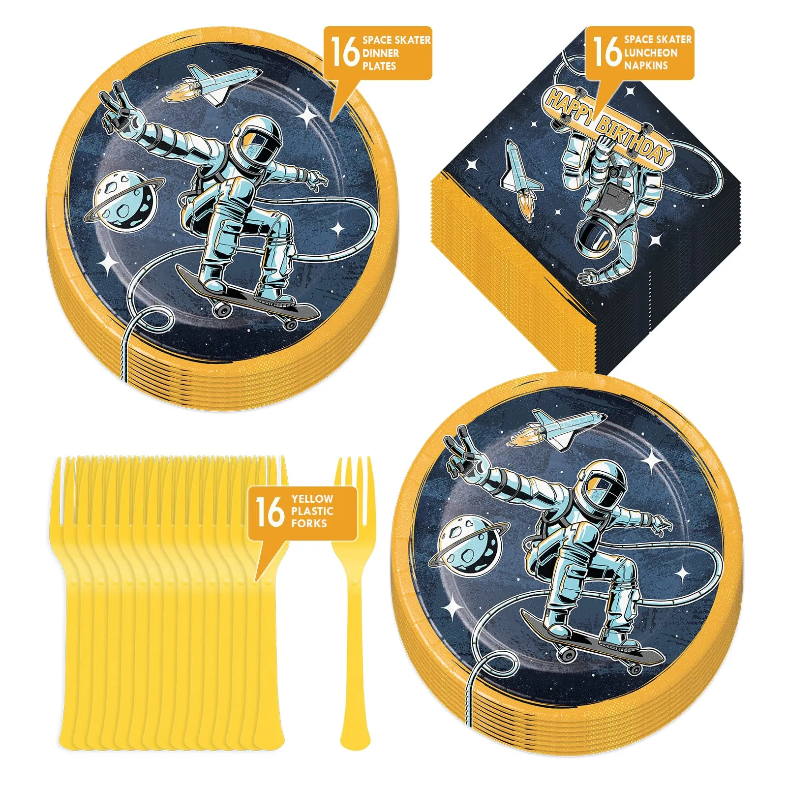 Space Skater Birthday Party - Outer Space Astronaut Skater Dude Paper Dinner Plates, Lunch Napkins, and Forks (Serves 16)