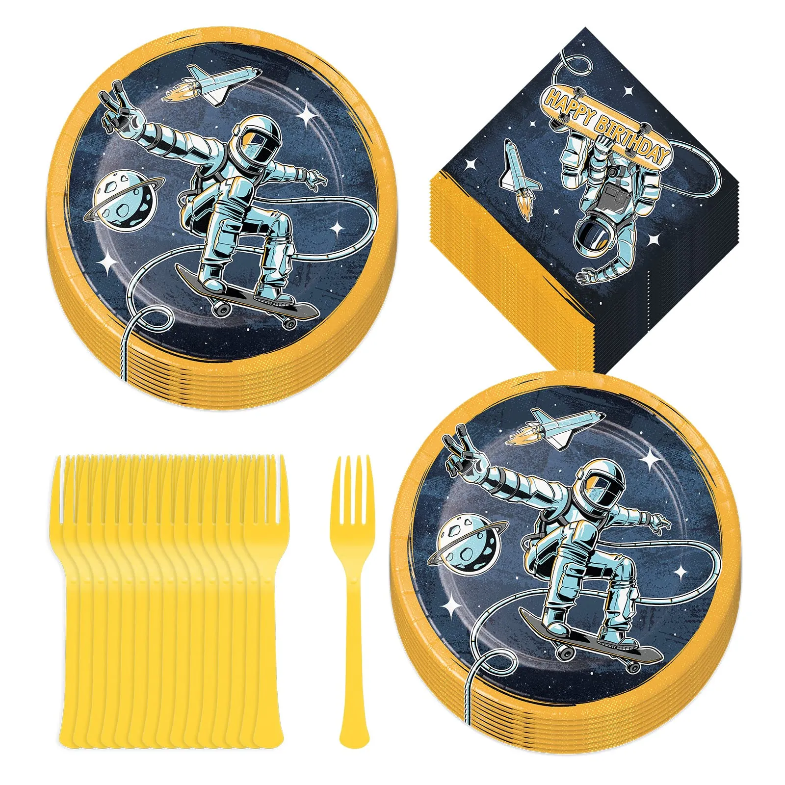 Space Skater Birthday Party - Outer Space Astronaut Skater Dude Paper Dinner Plates, Lunch Napkins, and Forks (Serves 16)