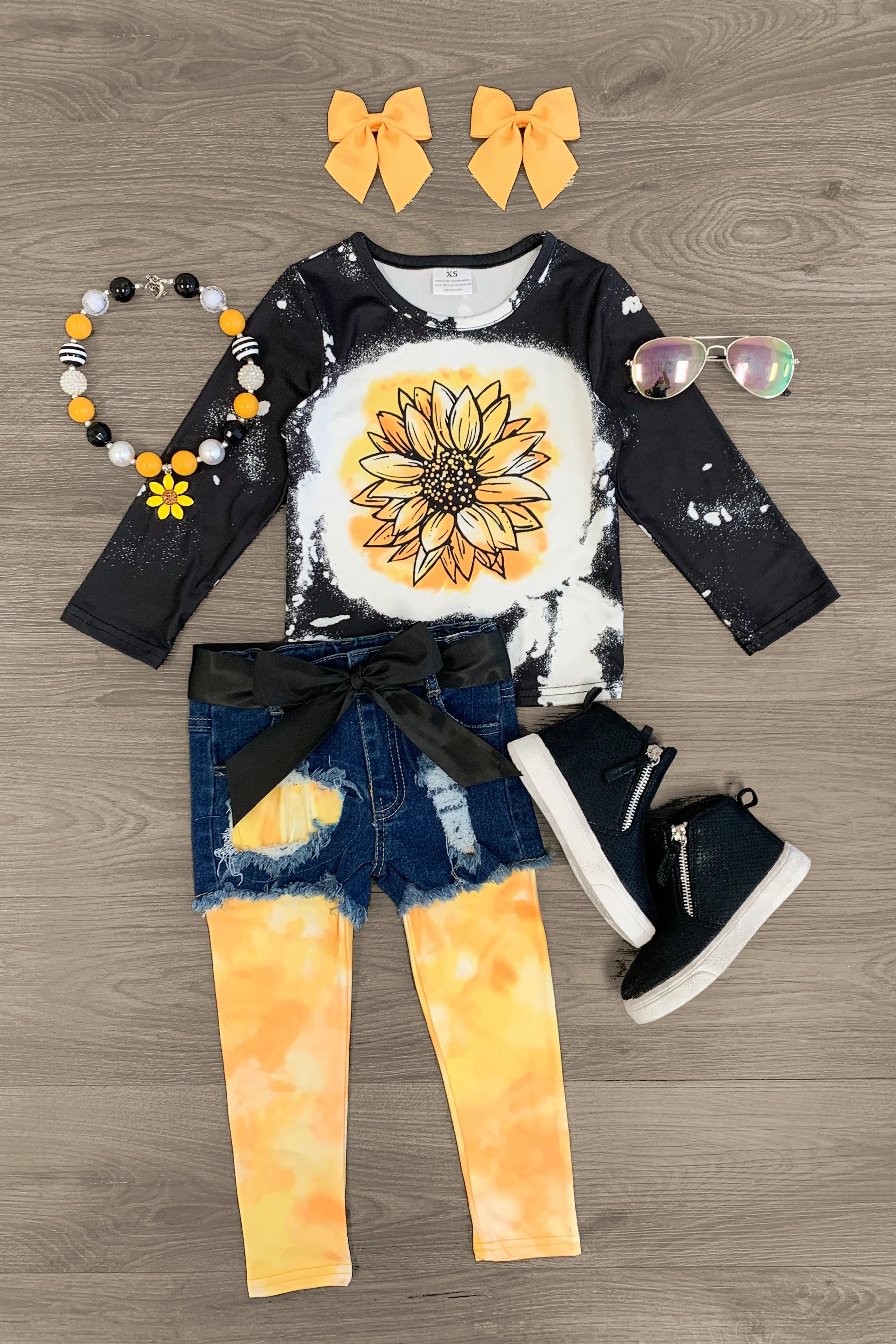 Sunflower Black & Yellow Legging & Denim Short Set