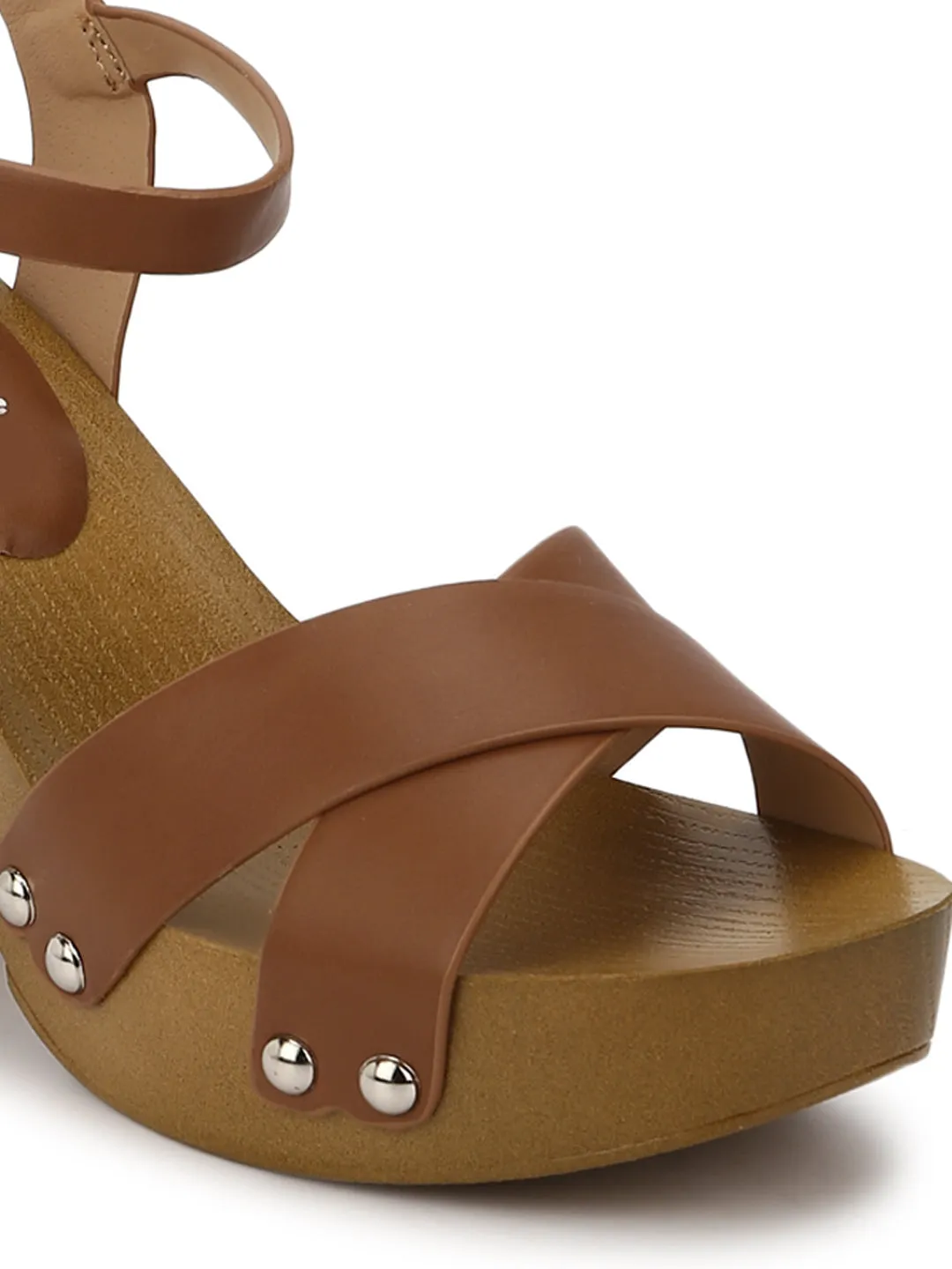 Tan PU Crossover Ankle Strap Block Heels