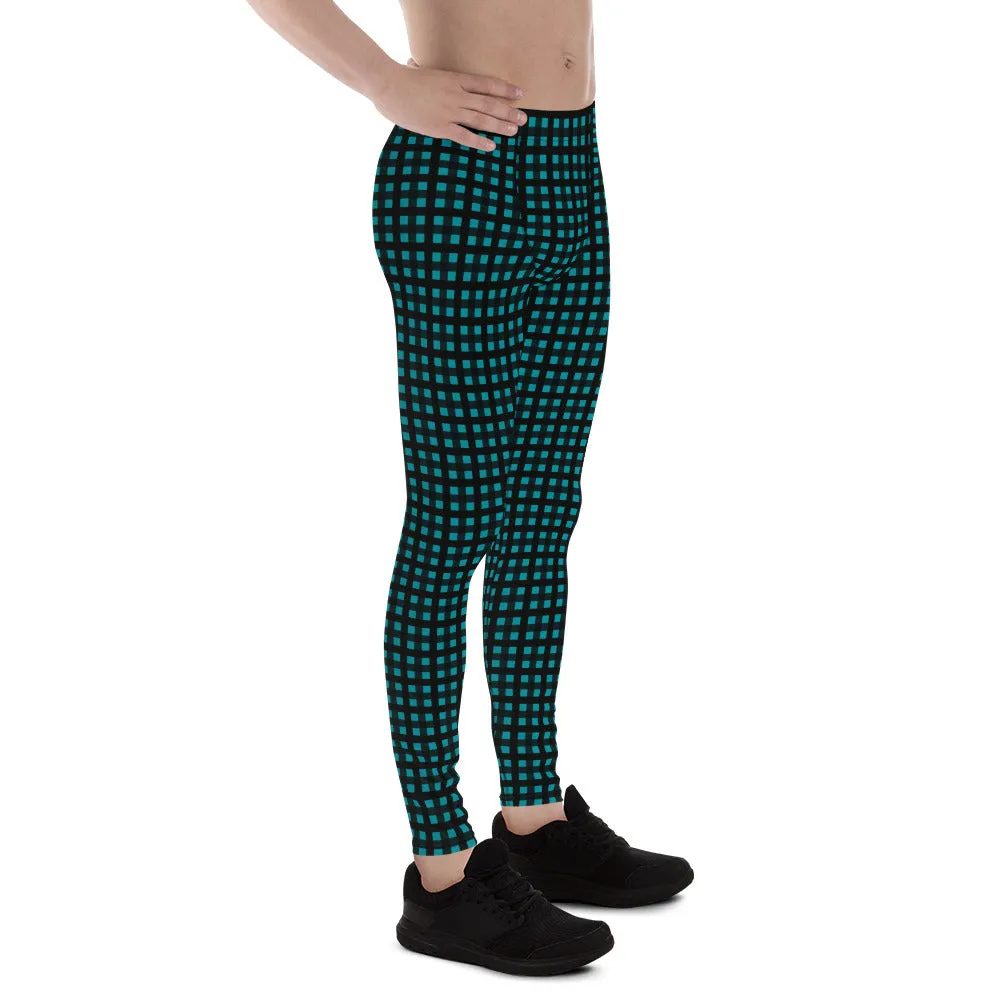 Teal Blue Buffalo Meggings, Best Buffalo Plaid Print Premium Men's Leggings Meggings Tights- Made in USA/EU