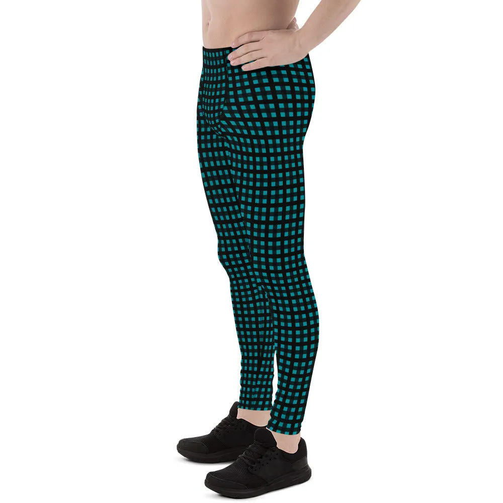 Teal Blue Buffalo Meggings, Best Buffalo Plaid Print Premium Men's Leggings Meggings Tights- Made in USA/EU