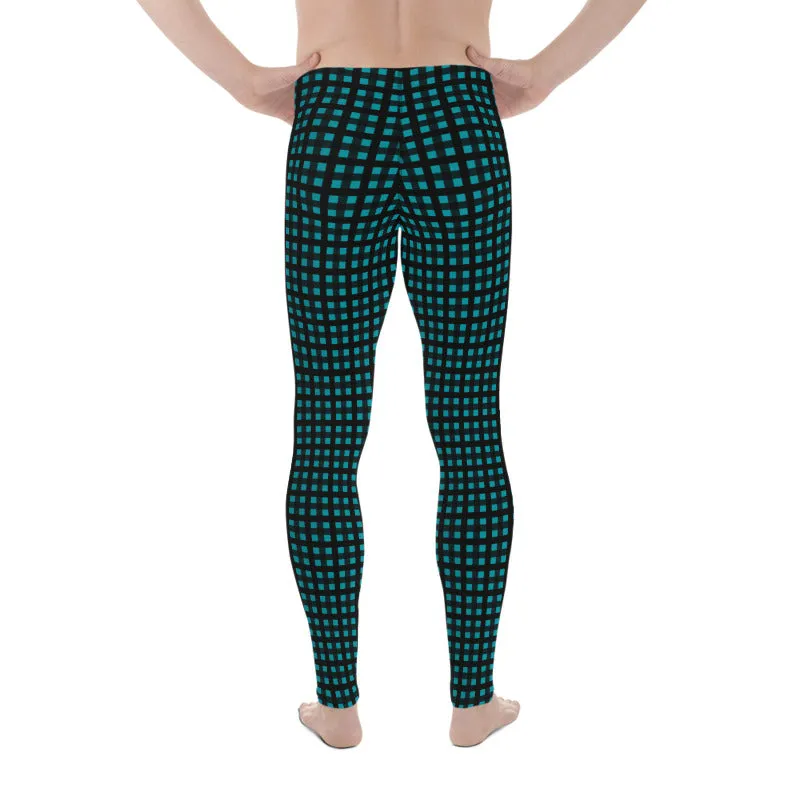 Teal Blue Buffalo Meggings, Best Buffalo Plaid Print Premium Men's Leggings Meggings Tights- Made in USA/EU