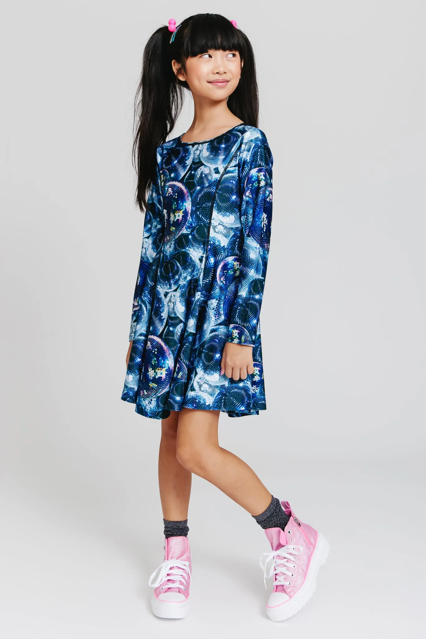 Toddler Hi-Shine Long Sleeve Skater Dress in Disco Fever