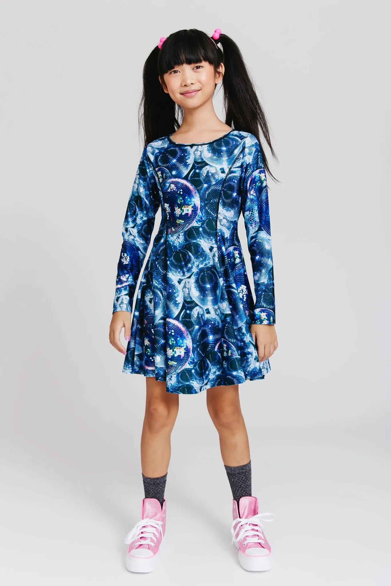 Toddler Hi-Shine Long Sleeve Skater Dress in Disco Fever