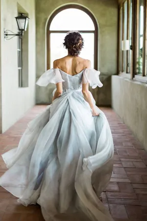 Unique Grey Blue Off-the-Shoulder Long Prom Dresses,Garden Wedding Dresses