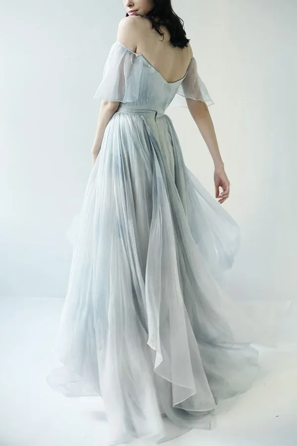 Unique Grey Blue Off-the-Shoulder Long Prom Dresses,Garden Wedding Dresses