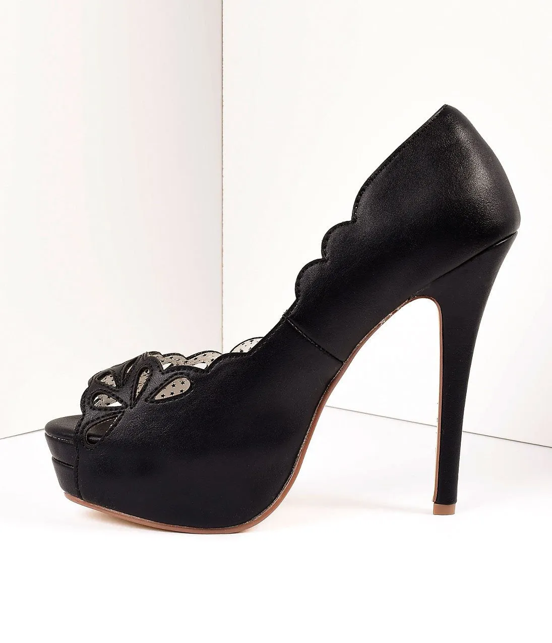 Vintage Style Black Leatherette Cutout Peep Toe Platform Heel