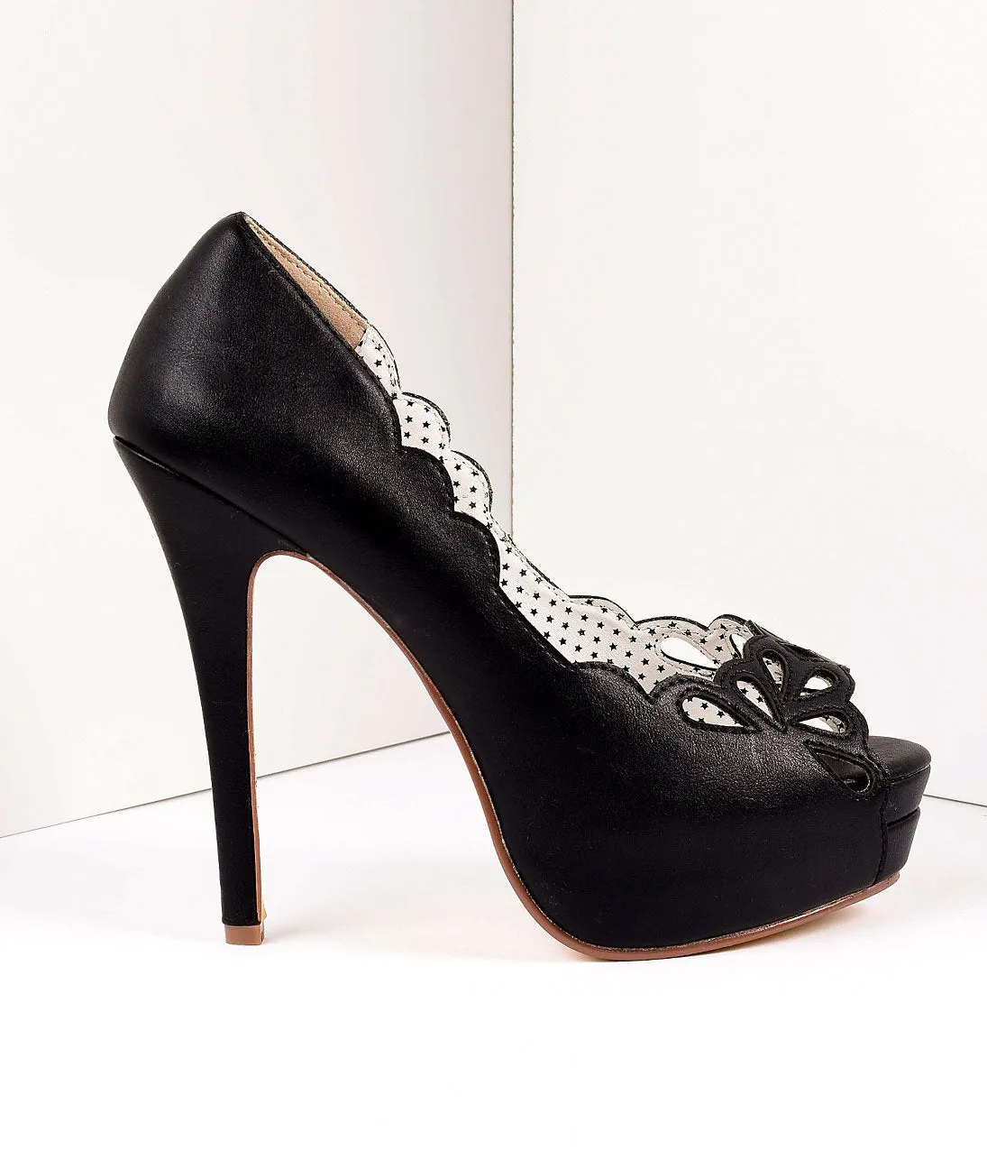 Vintage Style Black Leatherette Cutout Peep Toe Platform Heel