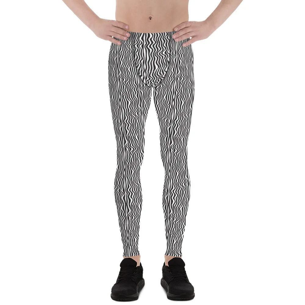 Wavy Black White Meggings, Curvy Patterned Men's Leggings Running Tights-Made in USA/EU