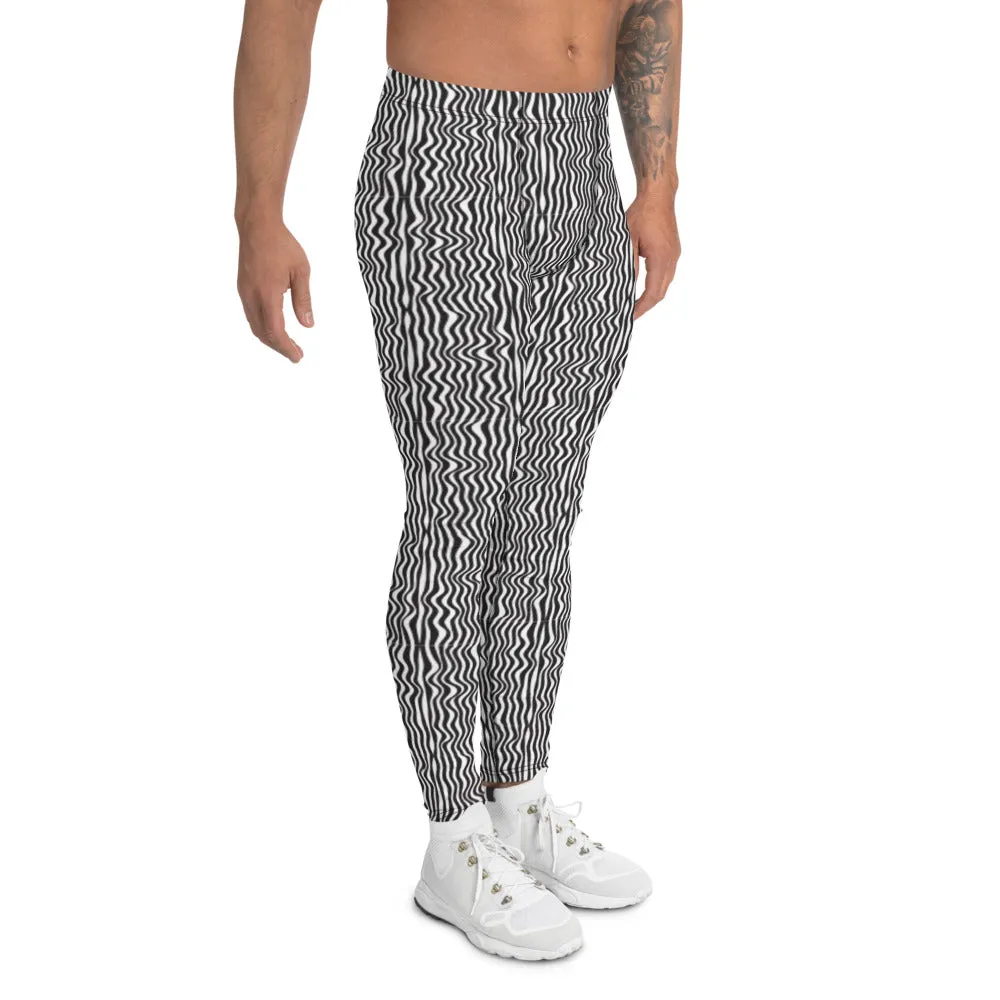 Wavy Black White Meggings, Curvy Patterned Men's Leggings Running Tights-Made in USA/EU