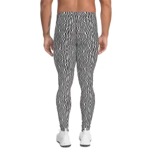 Wavy Black White Meggings, Curvy Patterned Men's Leggings Running Tights-Made in USA/EU