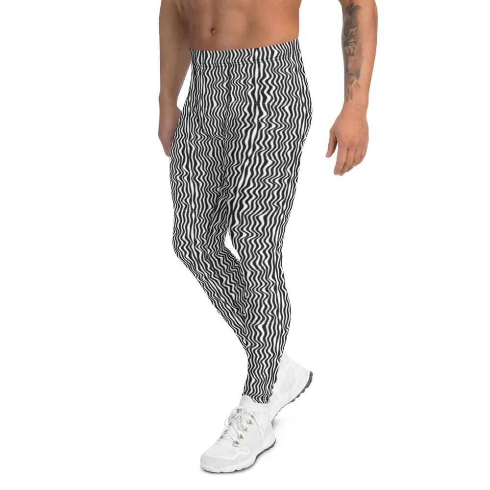 Wavy Black White Meggings, Curvy Patterned Men's Leggings Running Tights-Made in USA/EU