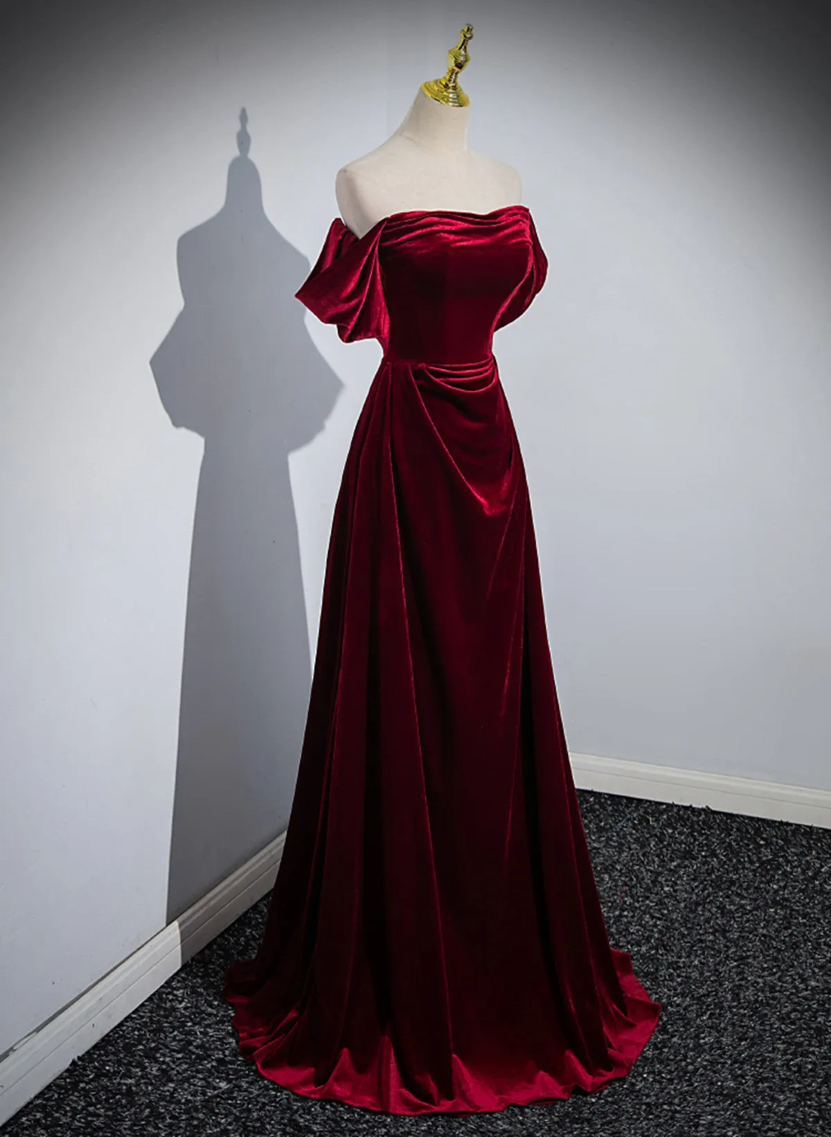 Wine Red Velvet Off Shoulder A-line Long Party Dress, Wine Red Floor Length Prom Dress