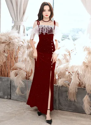 Wine Red Velvet Strapes Long Party Dress with Leg Slit, Wine Red Prom Dress