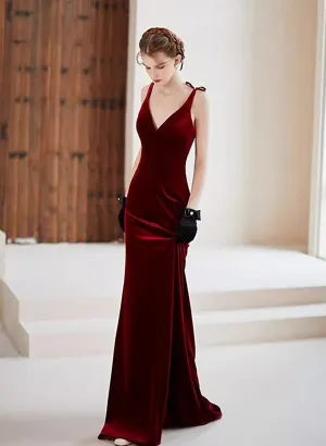 Wine Red Velvet V-neckline Mermaid Long Evening Dress, Wine Red Velvet Prom Dress