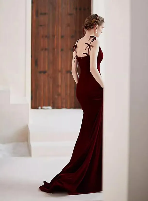 Wine Red Velvet V-neckline Mermaid Long Evening Dress, Wine Red Velvet Prom Dress