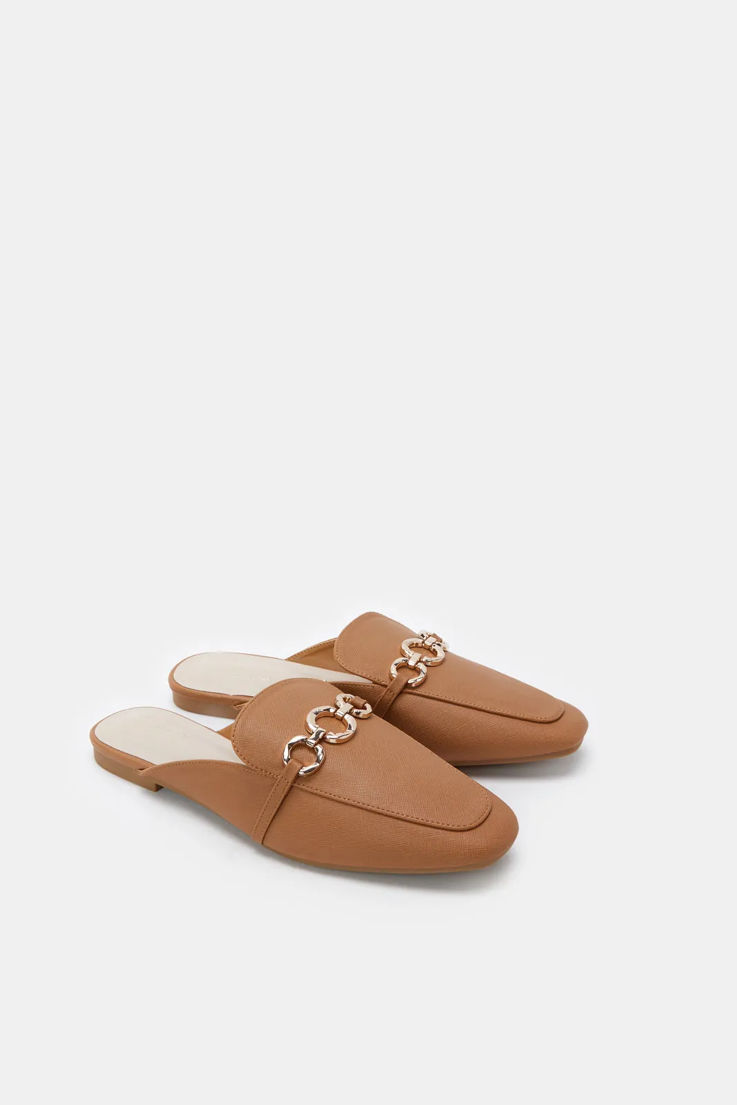 Women Tan Closed Toe Buckle Mule